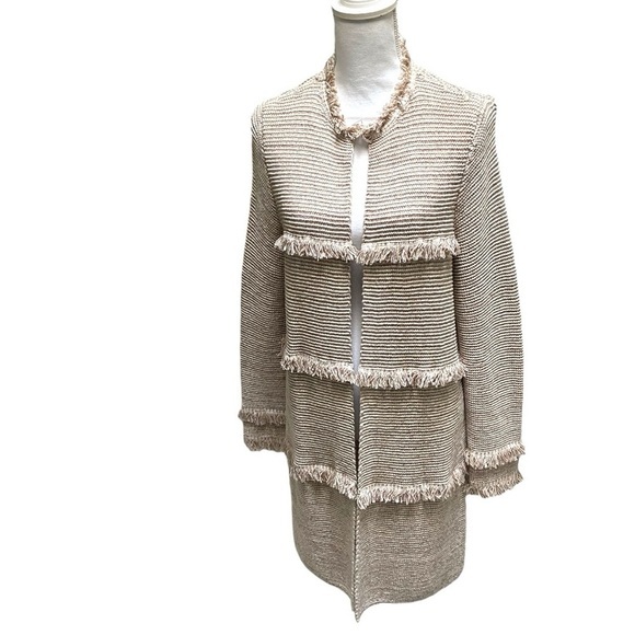 Chico's Cream & Tan Sparkle Open Front Knit Cardigan‎ with Fringe Detailing - Picture 3 of 10